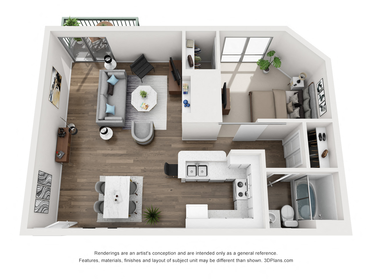 Floor plan for 1 bed, 1 bath, 681 sqft